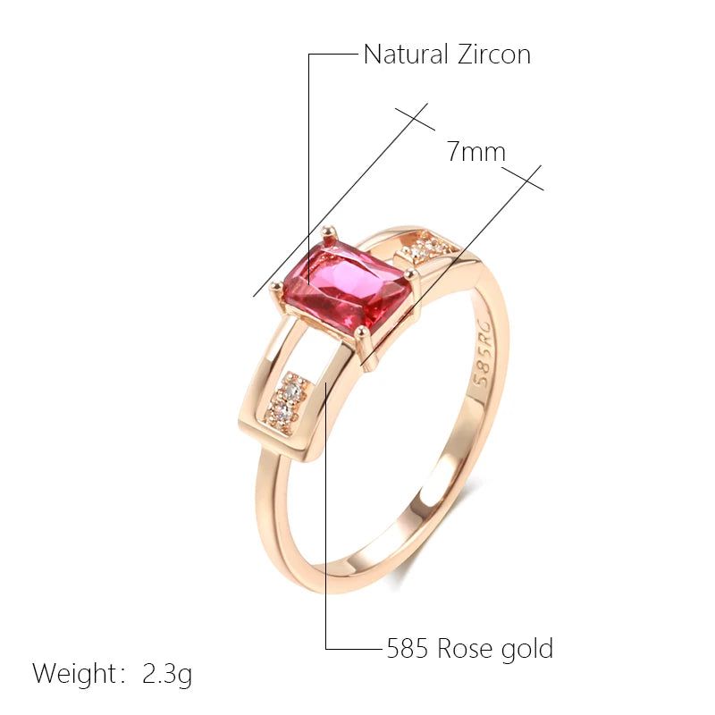 Vintage Rose Gold Square Ring with Red Natural Zircon - Elegant Cocktail Jewelry