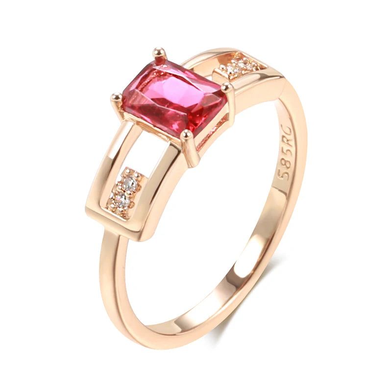 Vintage Rose Gold Square Ring with Red Natural Zircon - Elegant Cocktail Jewelry