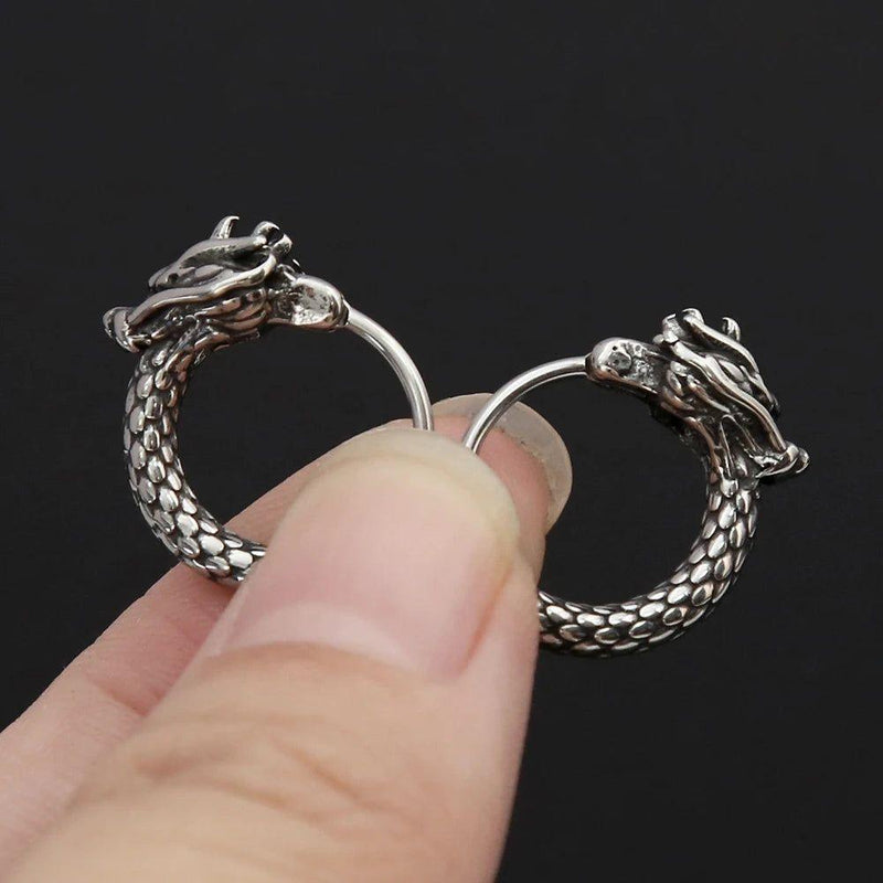 Vintage Stainless Steel Dragon Head Huggie Earrings for Men - Unique Traditional Chinese Style Hoop Jewelry Gift