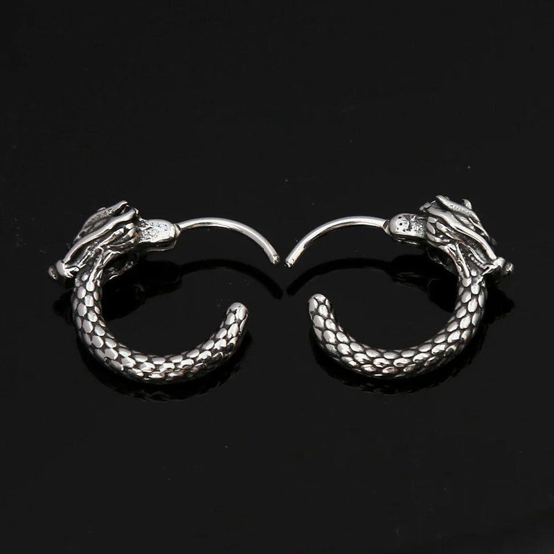 Vintage Stainless Steel Dragon Head Huggie Earrings for Men - Unique Traditional Chinese Style Hoop Jewelry Gift