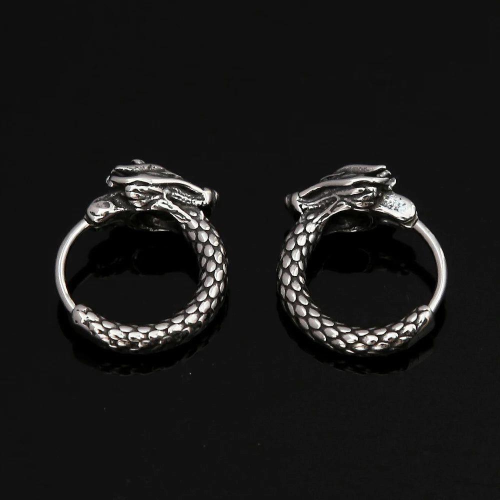 Vintage Stainless Steel Dragon Head Huggie Earrings for Men - Unique Traditional Chinese Style Hoop Jewelry Gift