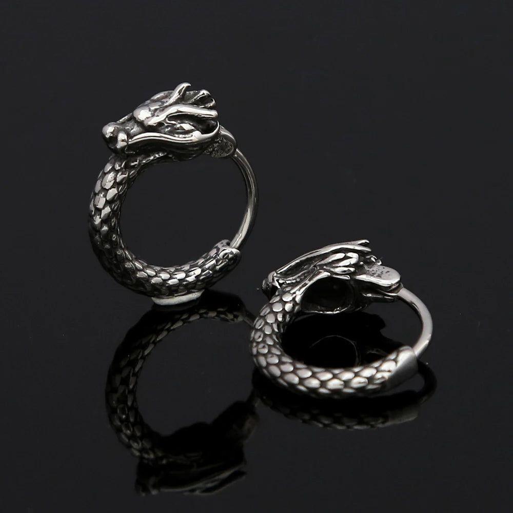 Vintage Stainless Steel Dragon Head Huggie Earrings for Men - Unique Traditional Chinese Style Hoop Jewelry Gift