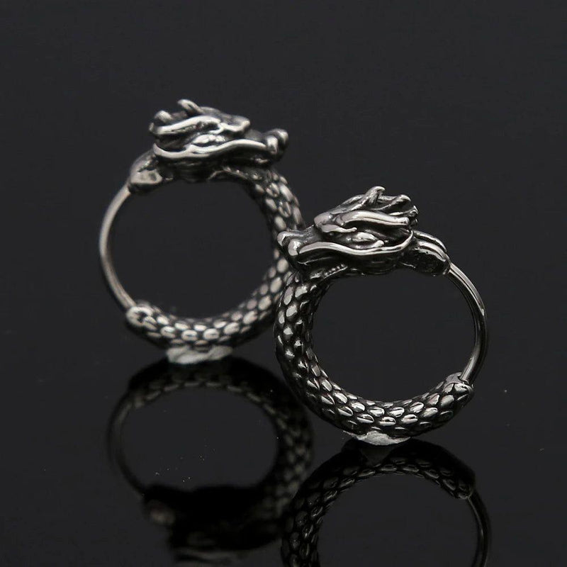 Vintage Stainless Steel Dragon Head Huggie Earrings for Men - Unique Traditional Chinese Style Hoop Jewelry Gift