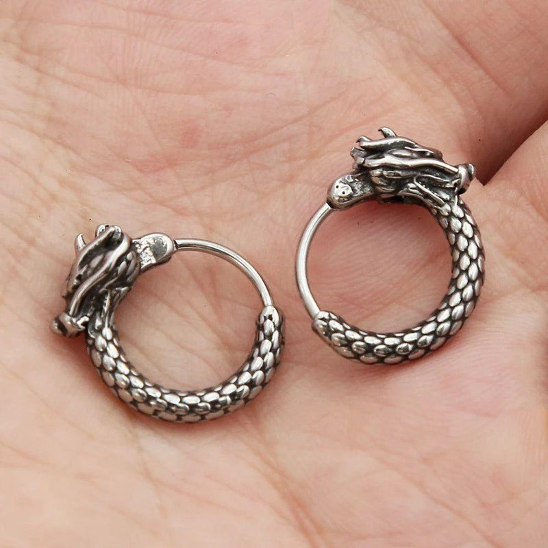 Vintage Stainless Steel Dragon Head Huggie Earrings for Men - Unique Traditional Chinese Style Hoop Jewelry Gift