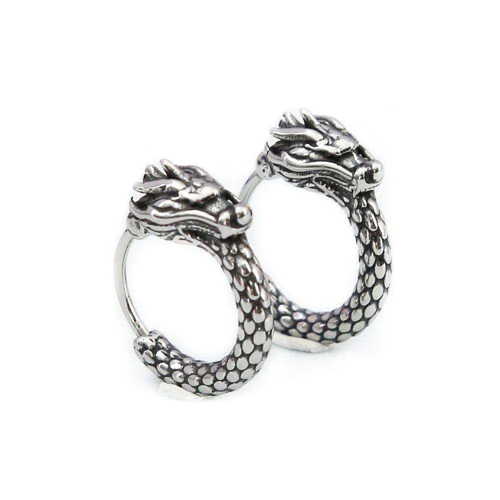 Vintage Stainless Steel Dragon Head Huggie Earrings for Men - Unique Traditional Chinese Style Hoop Jewelry Gift