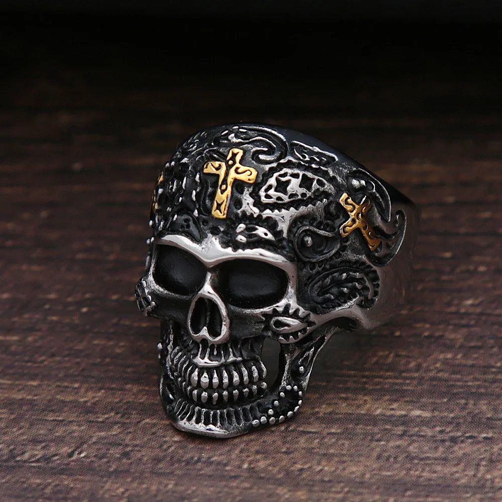 Vintage Stainless Steel Skull Cross Ring for Men - Punk Biker Fashion Jewelry Gift