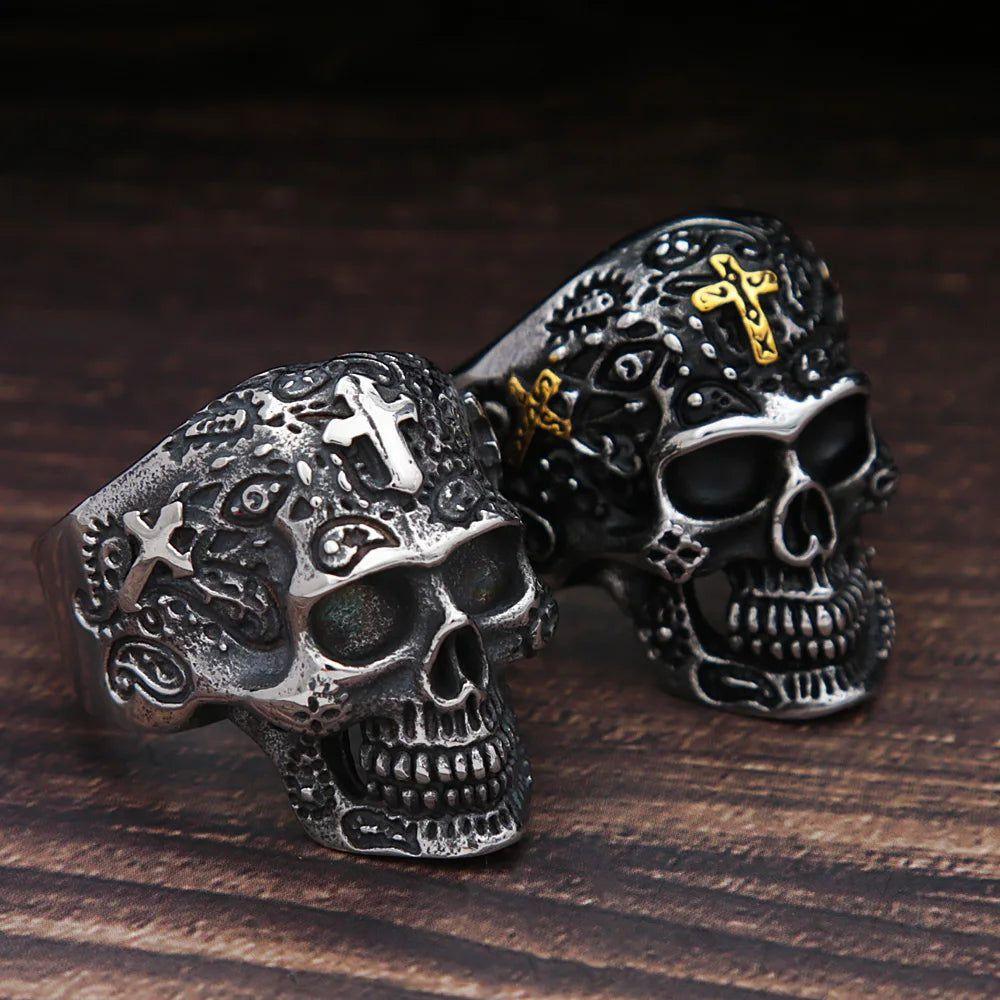 Vintage Stainless Steel Skull Cross Ring for Men - Punk Biker Fashion Jewelry Gift