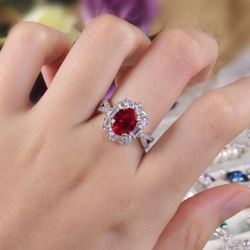 Vintage Style 7x9mm Oval Lab Created Ruby Cocktail Ring