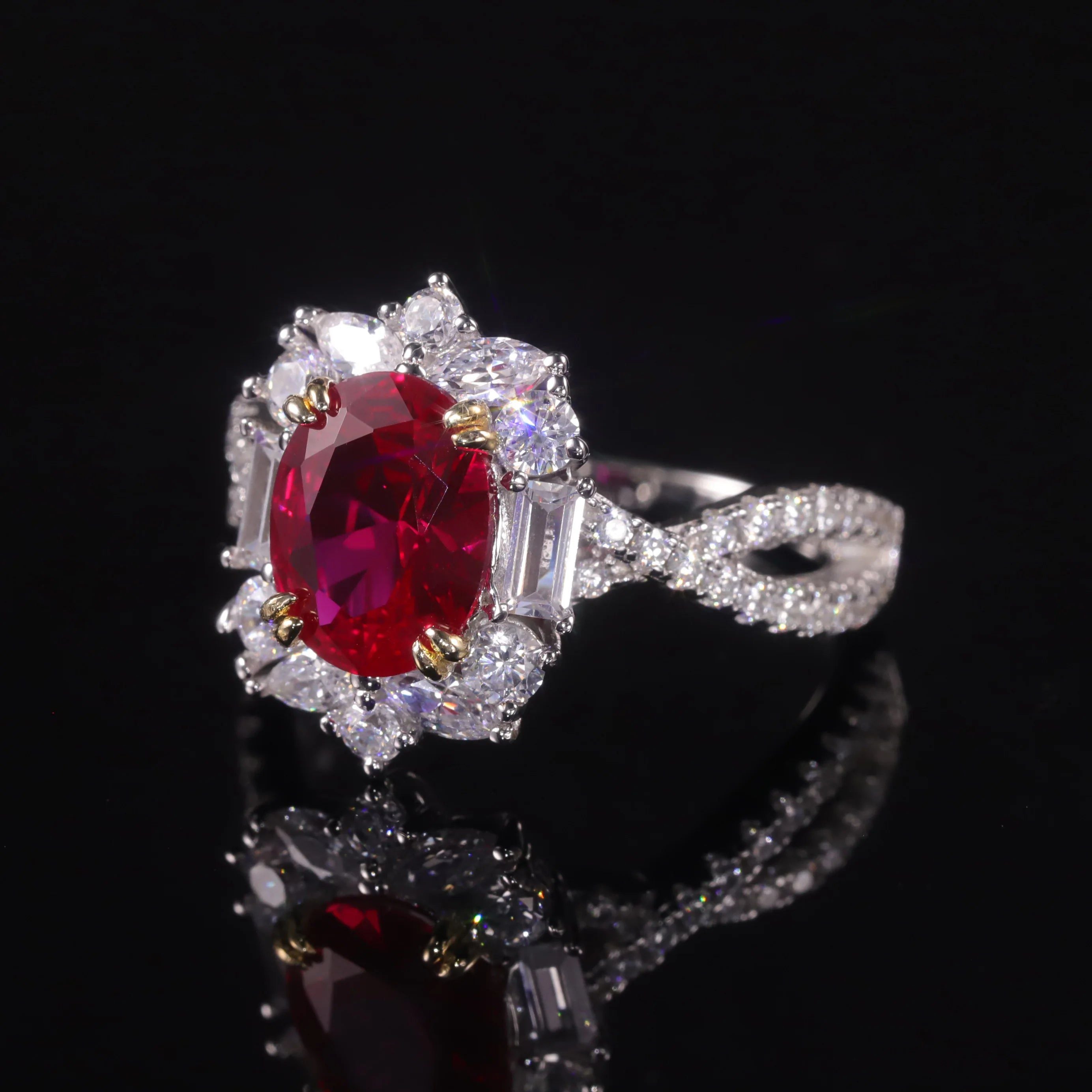 Vintage Style 7x9mm Oval Lab Created Ruby Cocktail Ring