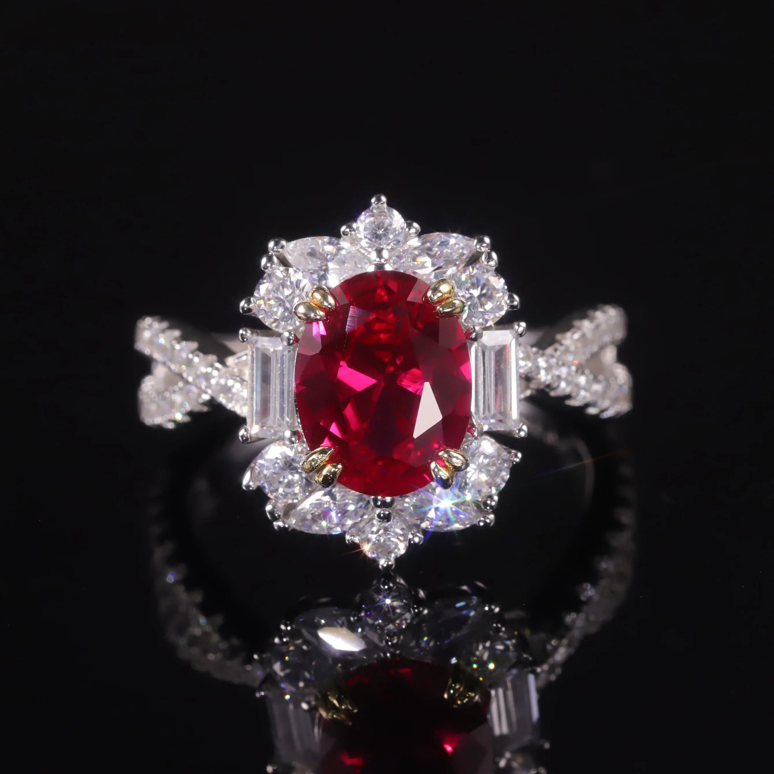 Vintage Style 7x9mm Oval Lab Created Ruby Cocktail Ring