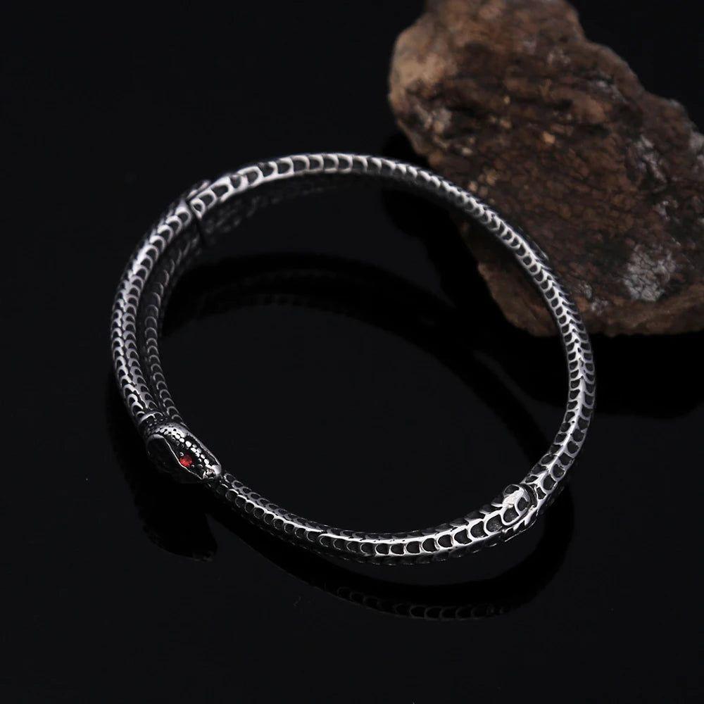 Vintage Viking Snake Bangle with Red Gemstone - Unisex Stainless Steel Punk Rock Jewelry