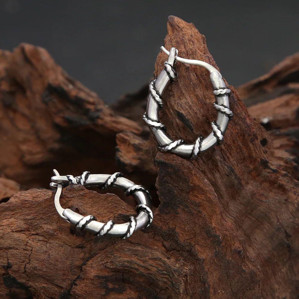 Vintage Viking Style Thick Stainless Steel Hoop Earrings for Unisex - Fashion Punk Hip Hop Jewelry