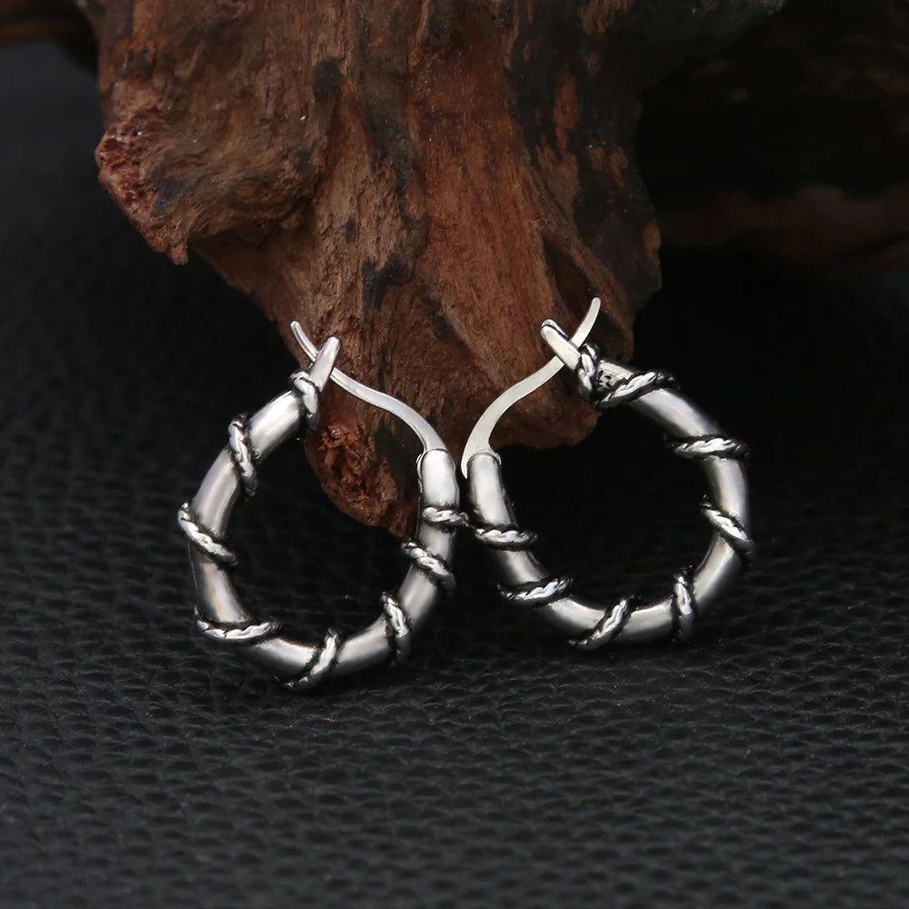 Vintage Viking Style Thick Stainless Steel Hoop Earrings for Unisex - Fashion Punk Hip Hop Jewelry