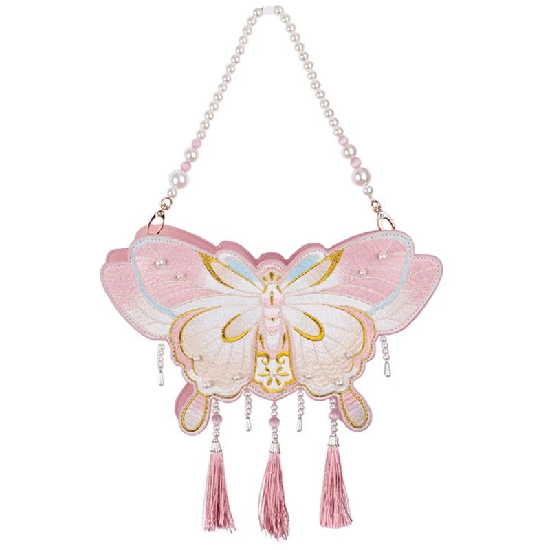 Whimsical Butterfly-Shaped Handbag for Women with Tassel Embellishments and Pearl Accents - Stylish Designer Shoulder Tote