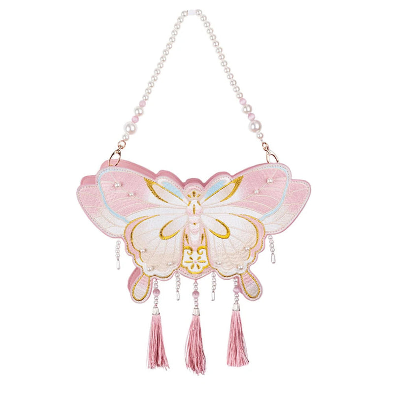 Whimsical Butterfly-Shaped Handbag for Women with Tassel Embellishments and Pearl Accents - Stylish Designer Shoulder Tote