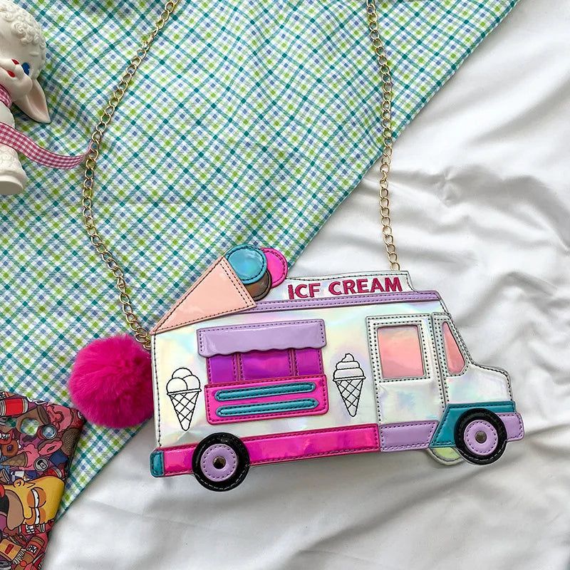 Whimsical Ice Cream Bus Handbag for Women and Girls - Fun Crossbody Pouch Tote with Zipper Closure