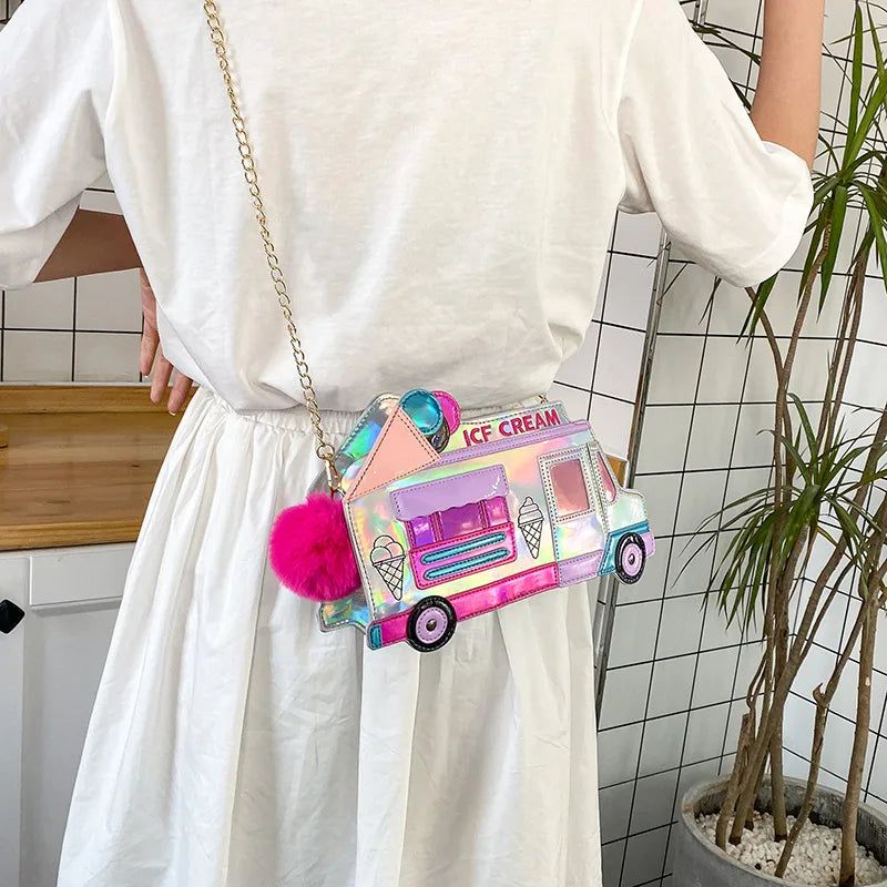 Whimsical Ice Cream Bus Handbag for Women and Girls - Fun Crossbody Pouch Tote with Zipper Closure