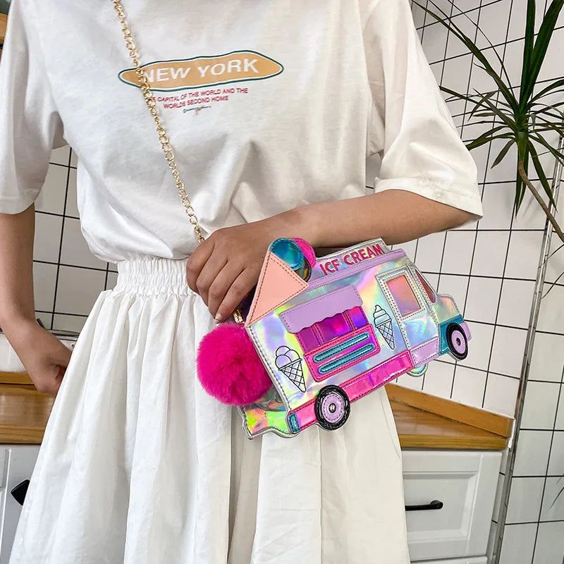 Whimsical Ice Cream Bus Handbag for Women and Girls - Fun Crossbody Pouch Tote with Zipper Closure