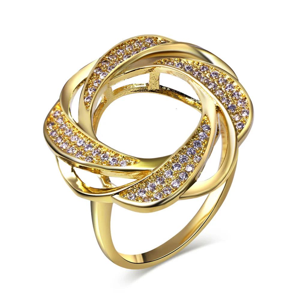 Whirling Design Rhodium Gold Hollow Flower Cocktail Ring with CZ Paved Accents