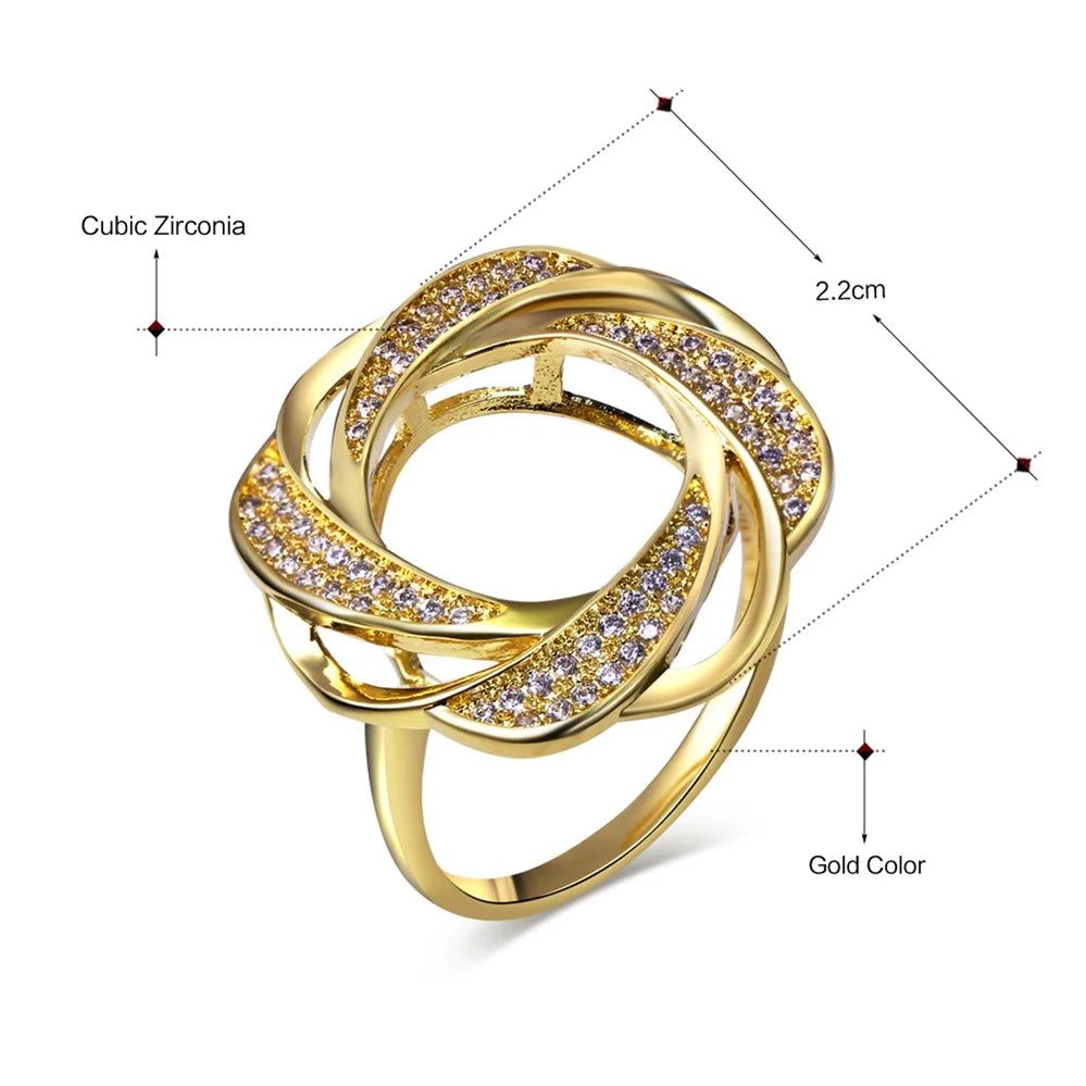 Whirling Design Rhodium Gold Hollow Flower Cocktail Ring with CZ Paved Accents