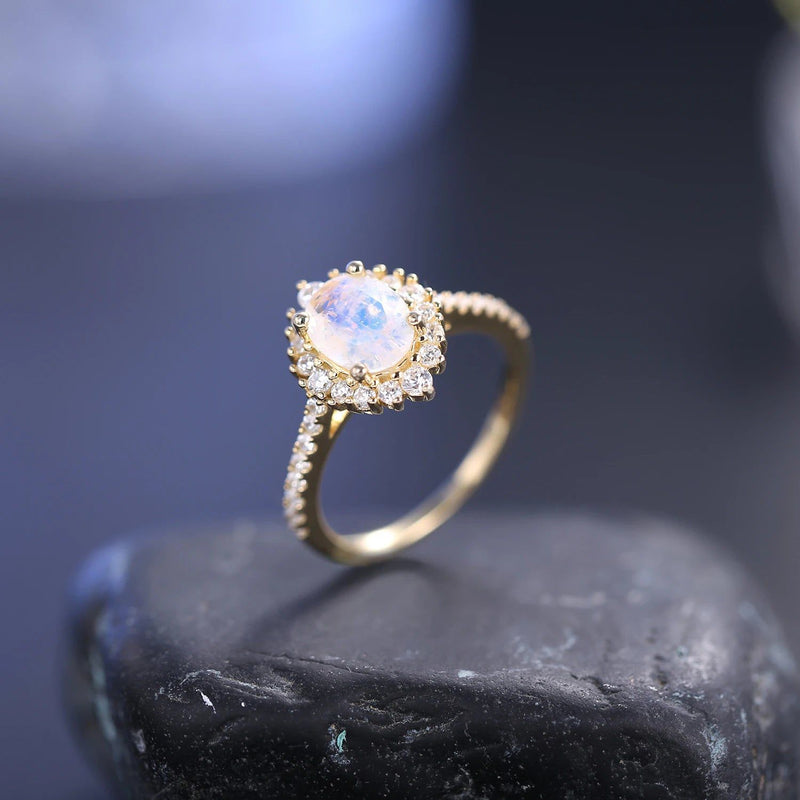 Women's Gold Ring Natural Milky Blue Moonstone Halo Ring