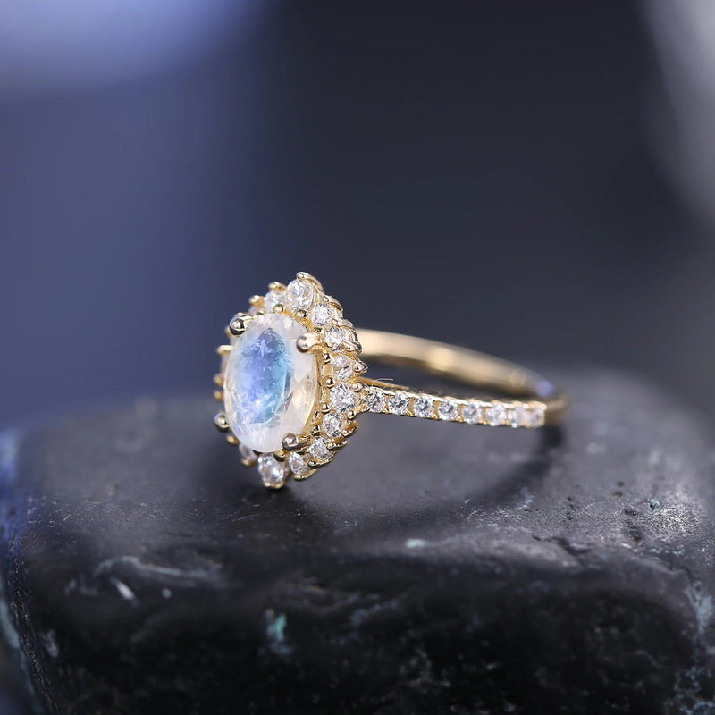 Women's Gold Ring Natural Milky Blue Moonstone Halo Ring