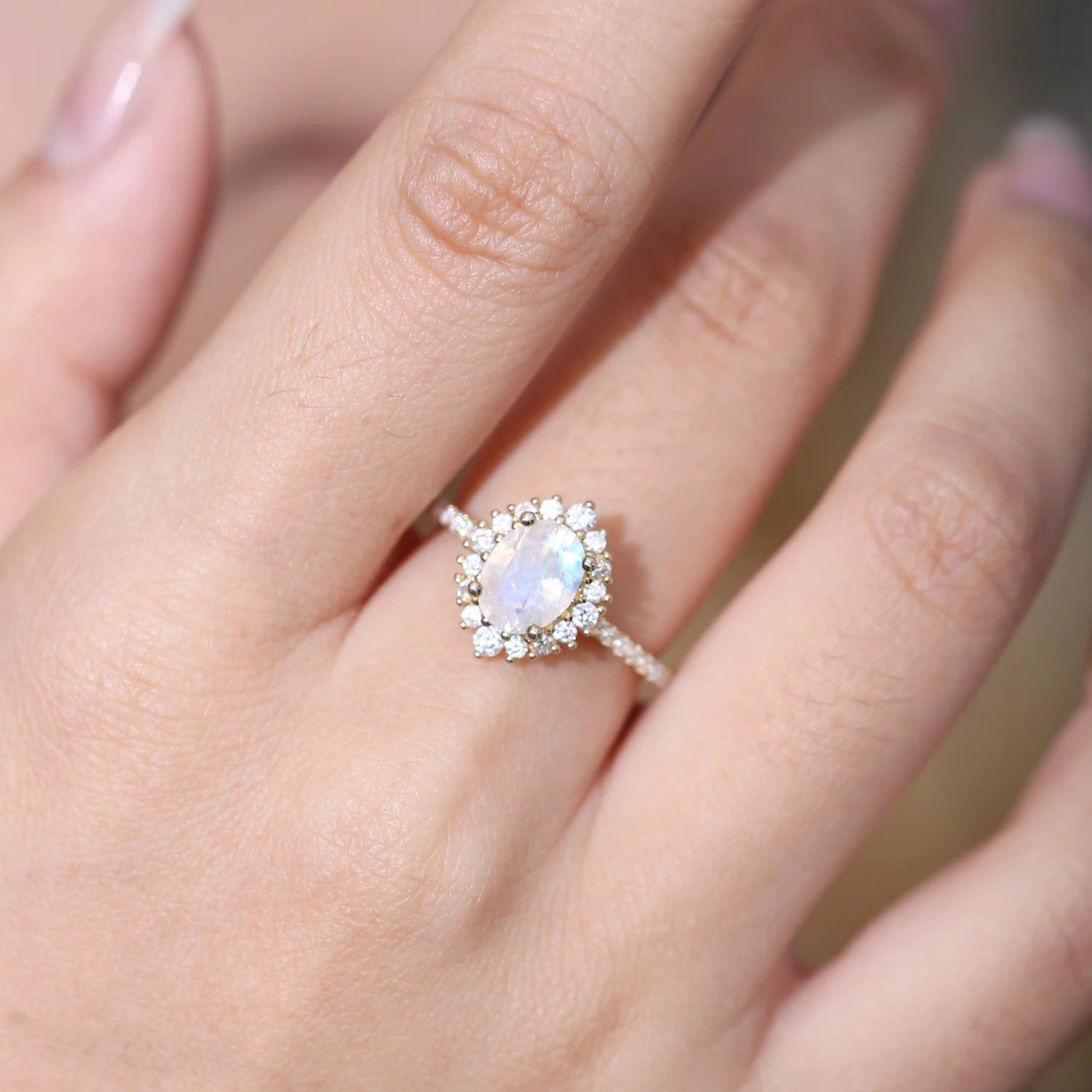 Women's Gold Ring Natural Milky Blue Moonstone Halo Ring