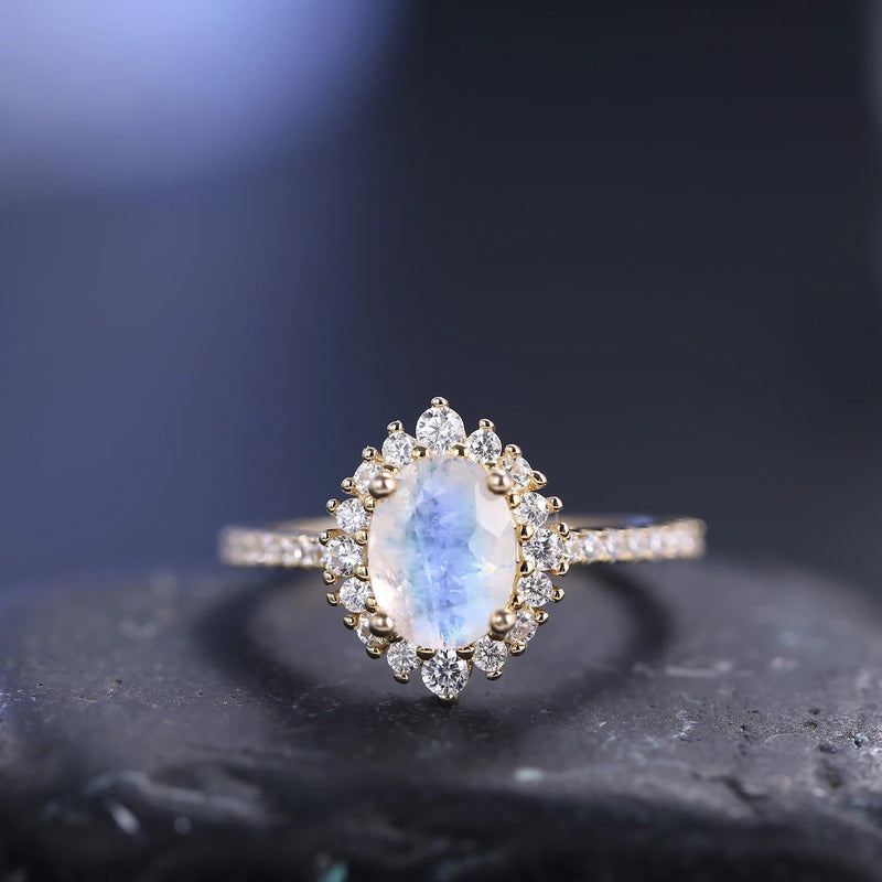 Women's Gold Ring Natural Milky Blue Moonstone Halo Ring