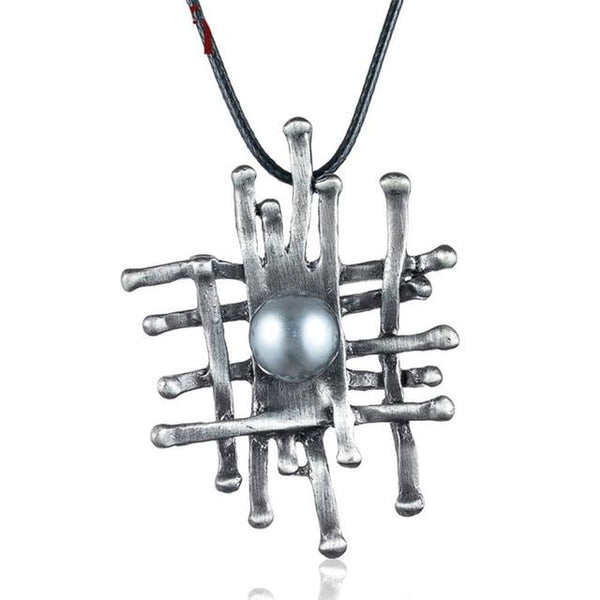 Abstract Art Crosshatch Metallic Pearl BOHO Chic Pendant Necklace