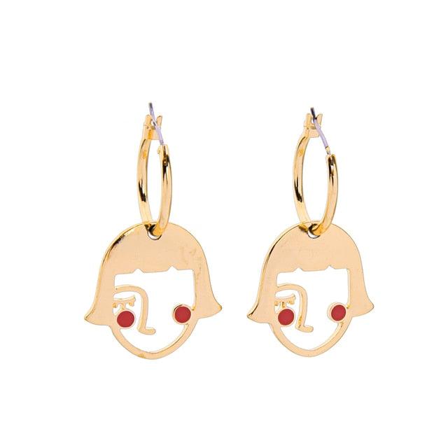 Abstract Gold Blush Girl Face Dangle Earrings in Art Design - Lucid Fantasy 