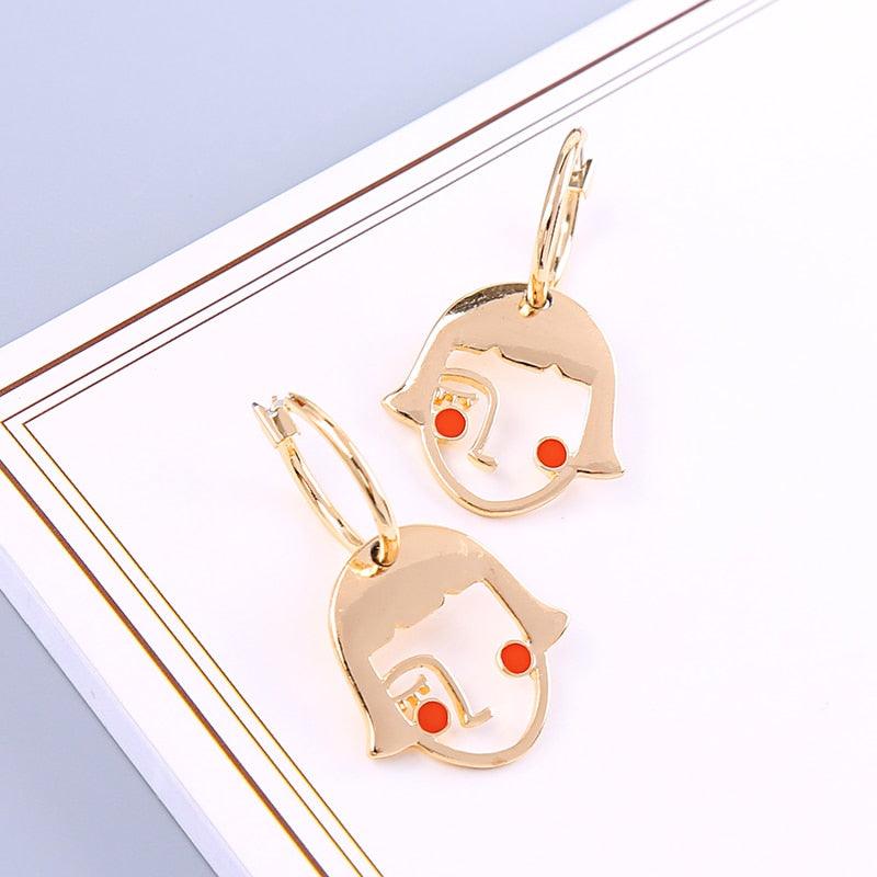 Abstract Gold Blush Girl Face Dangle Earrings in Art Design - Lucid Fantasy 