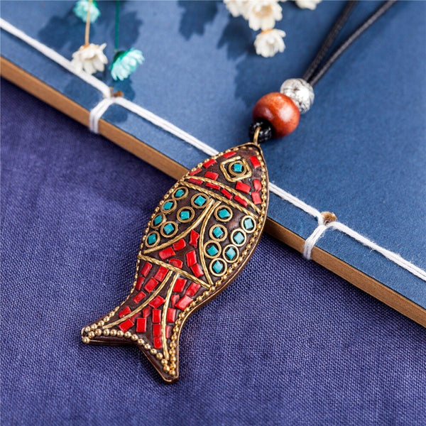Antique Design Colorful Fish Drop Pendant BOHO Necklace