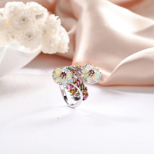 Authentic 925 Sterling Silver Flower Rings Natural Opal Tourmaline 3ct Gems Colorful Fine Jewelry-Lucid Fantasy