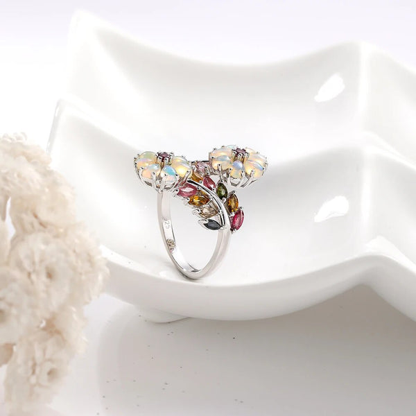 Authentic 925 Sterling Silver Flower Rings Natural Opal Tourmaline 3ct Gems Colorful Fine Jewelry-Lucid Fantasy