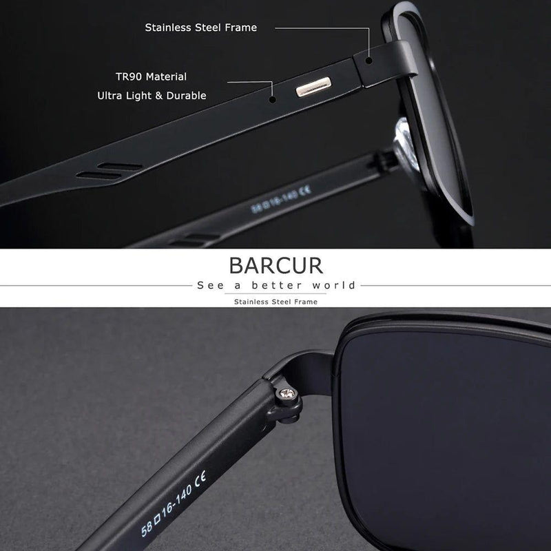 Barcur Men's Polarized Square Sunglasses with Stainless Steel Frame and UV400 Protection - Lucid Fantasy 