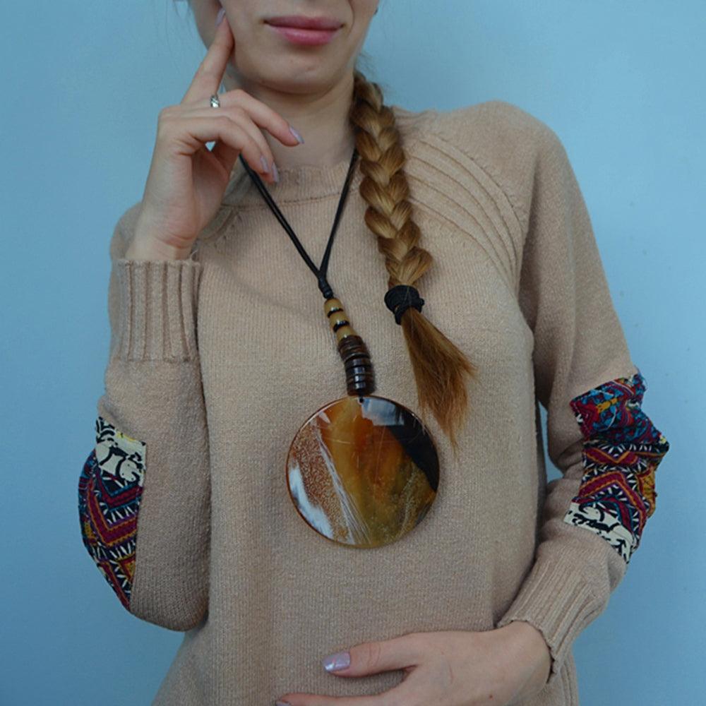 Bohemian Chic Large Pendant Necklace - Rustic Design with Alloy and Resin - 90cm Rope Chain - Lucid Fantasy 