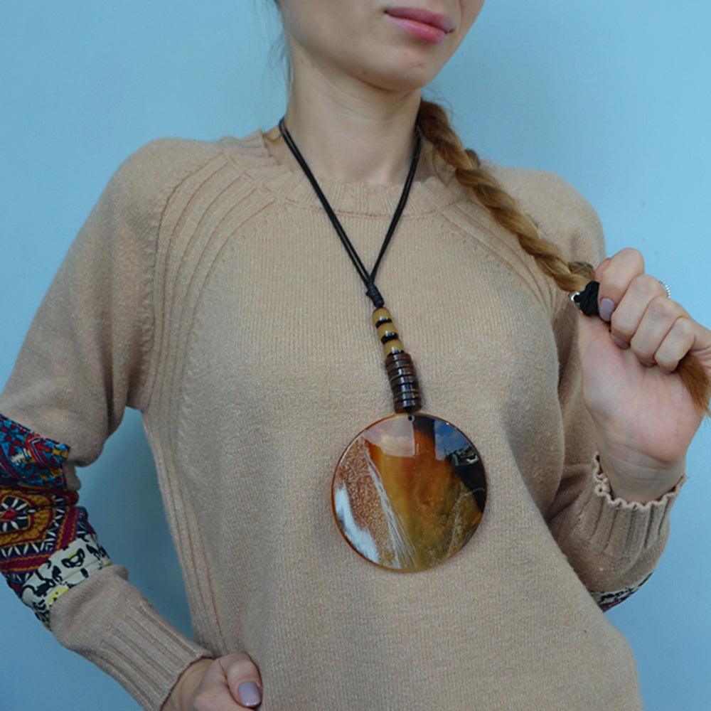 Bohemian Chic Large Pendant Necklace - Rustic Design with Alloy and Resin - 90cm Rope Chain - Lucid Fantasy 