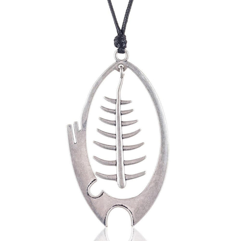 Bohemian Elegance Fishbone Pendant Silver Statement Necklace - Textured Metal - 85cm Chain - Lucid Fantasy 