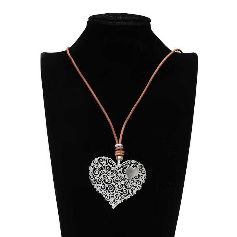 Bohemian Elegance Hollow Heart Pendant Necklace - 80cm Rope Chain Fashion Jewelry - Lucid Fantasy 