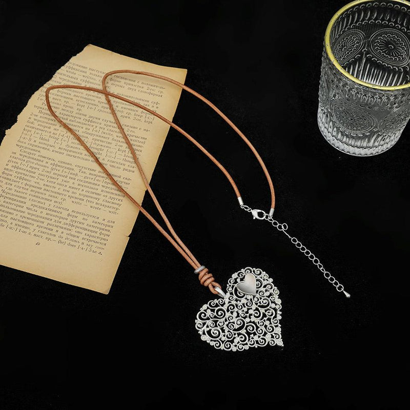 Bohemian Elegance Hollow Heart Pendant Necklace - 80cm Rope Chain Fashion Jewelry - Lucid Fantasy 