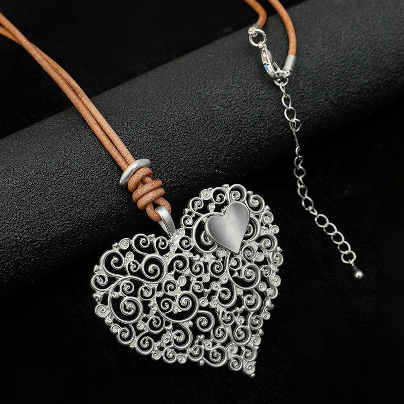 Bohemian Elegance Hollow Heart Pendant Necklace - 80cm Rope Chain Fashion Jewelry - Lucid Fantasy 