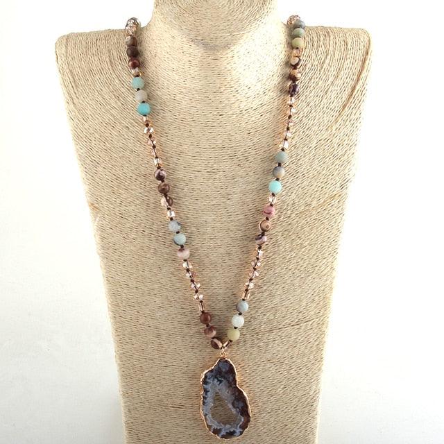 Bohemian Elegance Natural Stone Crystal Bead Druzy Pendant Necklace - 86cm Chain - Statement Jewelry - Lucid Fantasy 