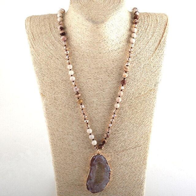 Bohemian Elegance Natural Stone Crystal Bead Druzy Pendant Necklace - 86cm Chain - Statement Jewelry - Lucid Fantasy 