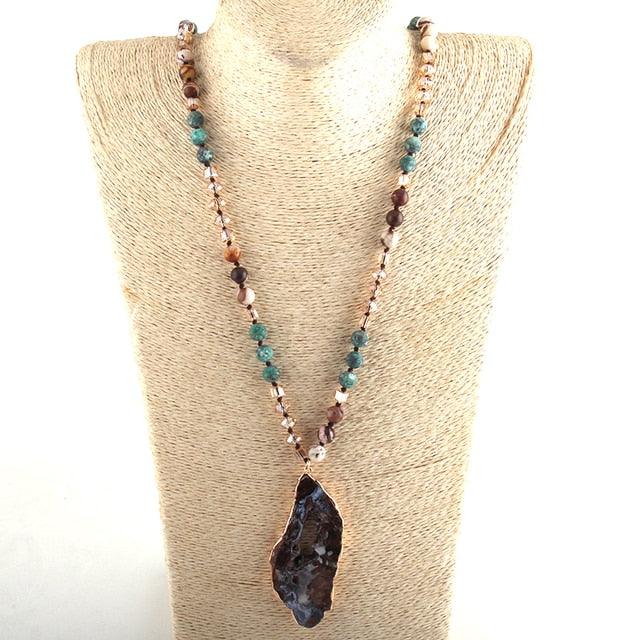 Bohemian Elegance Natural Stone Crystal Bead Druzy Pendant Necklace - 86cm Chain - Statement Jewelry - Lucid Fantasy 