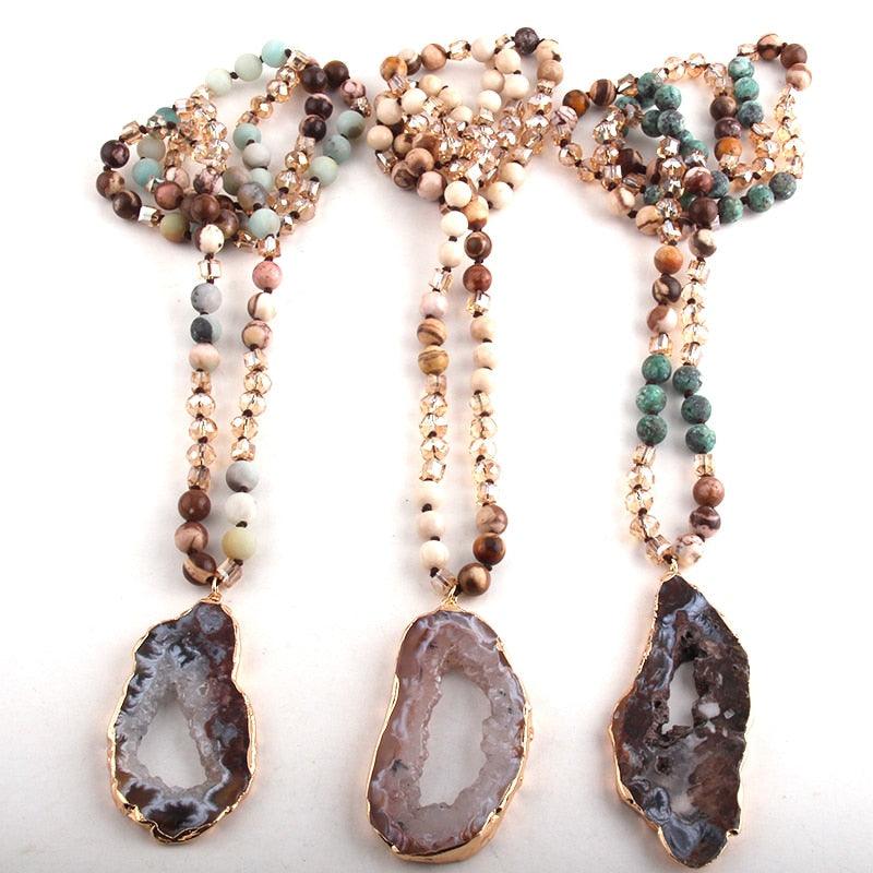 Bohemian Elegance Natural Stone Crystal Bead Druzy Pendant Necklace - 86cm Chain - Statement Jewelry - Lucid Fantasy 