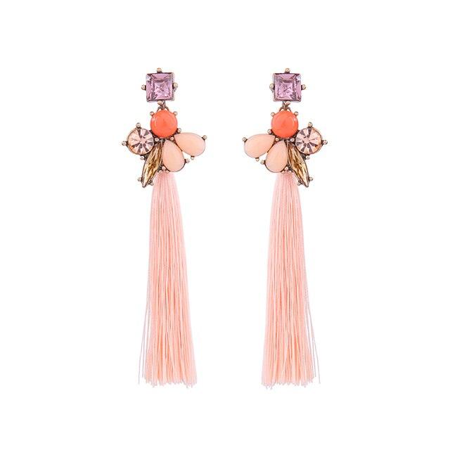 Bohemian Floral Long Tassel Pink Drop Earrings - Lucid Fantasy 