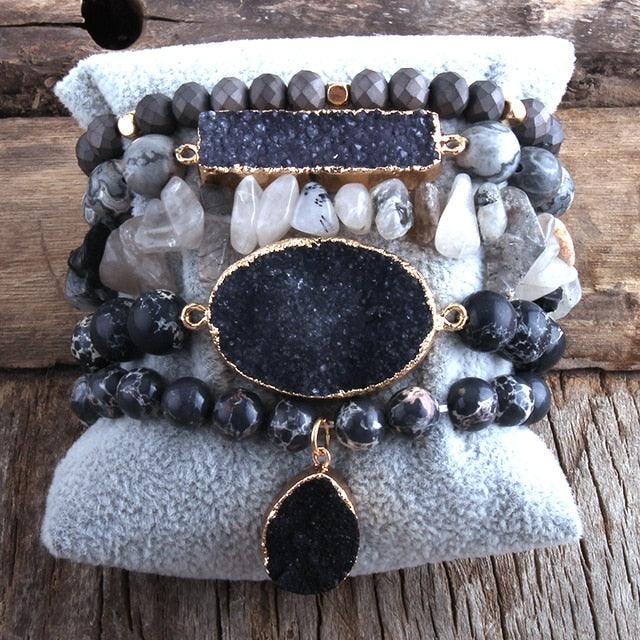 Bohemian Gemstone Druzy Charm Stacking Bracelet Duo - Lucid Fantasy 