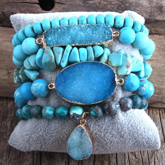 Bohemian Gemstone Druzy Charm Stacking Bracelet Duo - Lucid Fantasy 