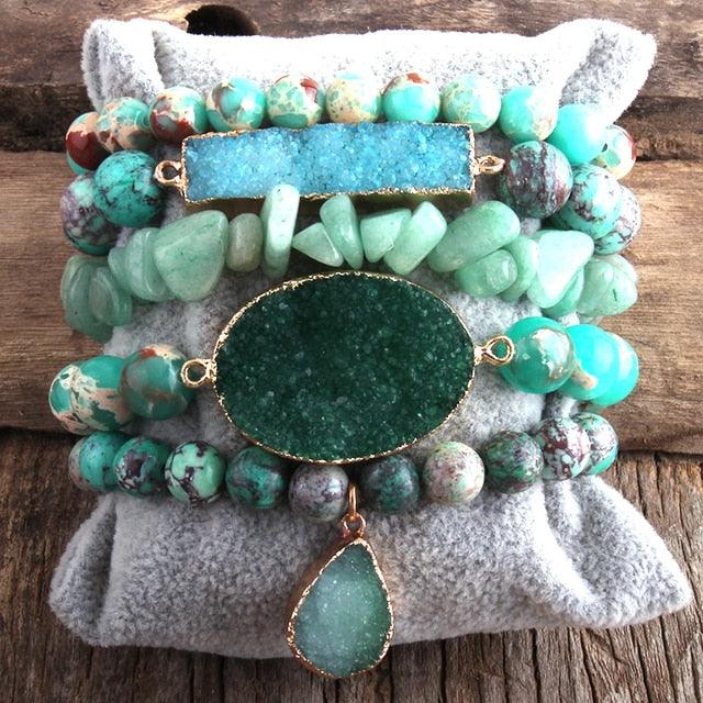 Bohemian Gemstone Druzy Charm Stacking Bracelet Duo - Lucid Fantasy 