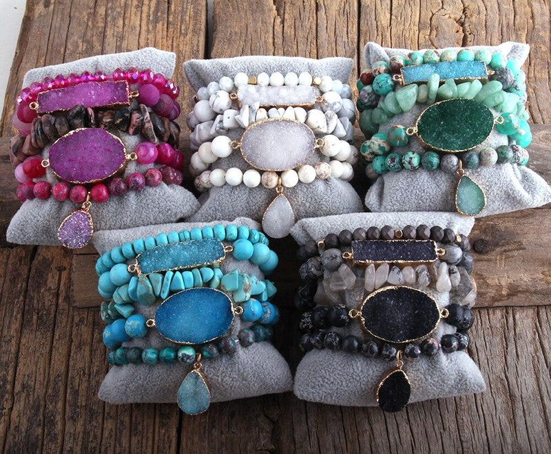 Bohemian Gemstone Druzy Charm Stacking Bracelet Duo - Lucid Fantasy 